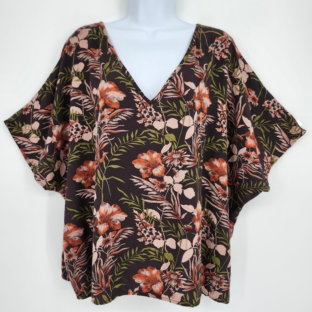 Natural Life Womens Earthy Indie Dark Floral Top Size L Brown Boho Cottage